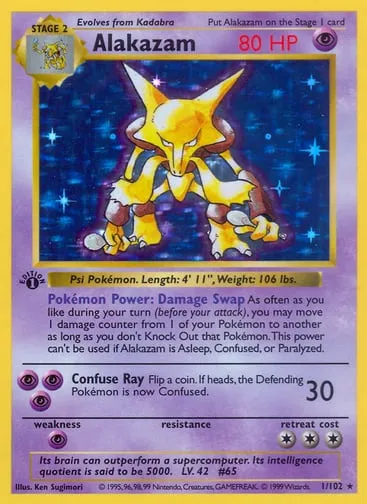 Alakazam holo rare card from the 1999 Pokemon Base Set, number 1 of 102