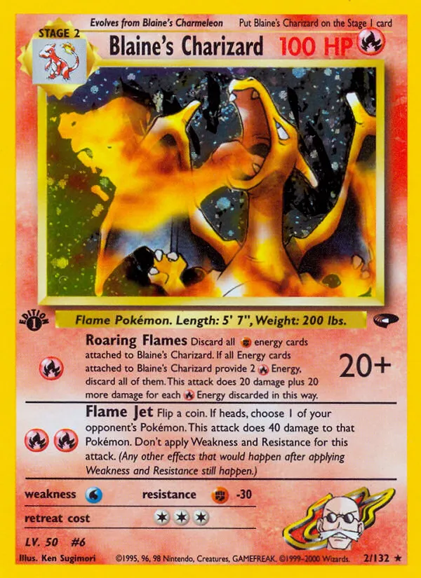 Blaine's Charizard holo rare, card 2 of 132 from the Pokémon Gym Challenge set