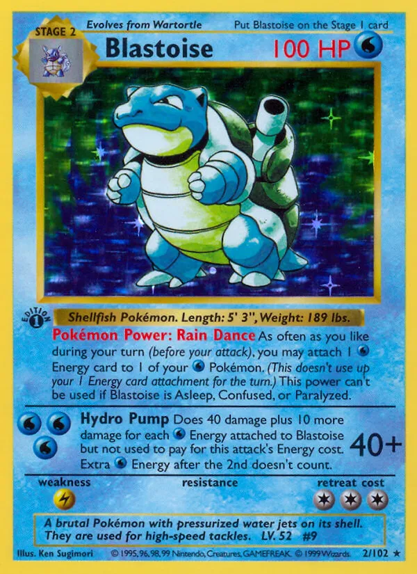 Blastoise holo rare card from the 1999 Pokémon Base Set, number 2 of 102
