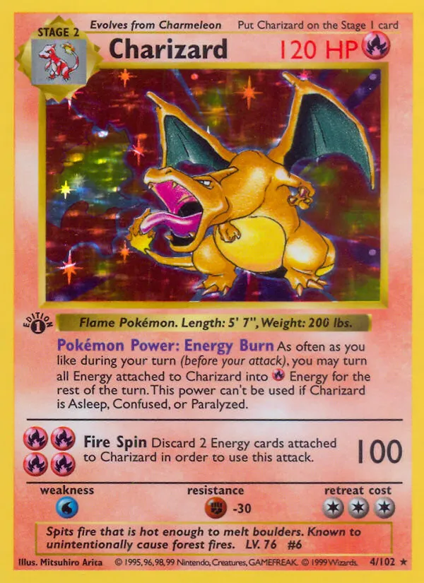 1999 Base Set Charizard holographic card, number 4 of 102