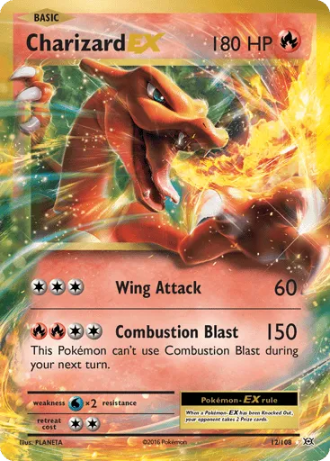 Charizard-EX holofoil card from the Pokemon Evolutions set, number 12 of 108