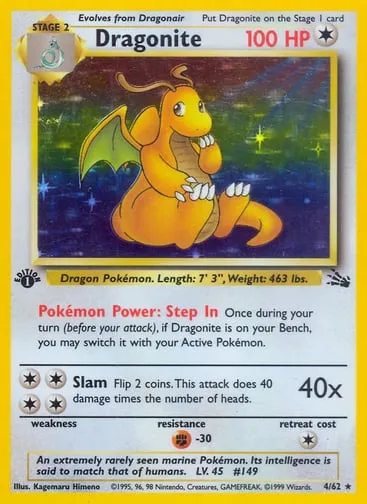 Dragonite Rare Holo card, number 4 of 62, from the 1999 Fossil set