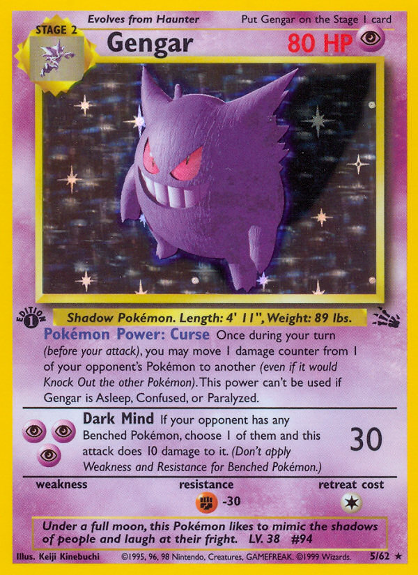 Gengar holo rare card number 5 of 62 from the 1999 Pokemon Fossil set
