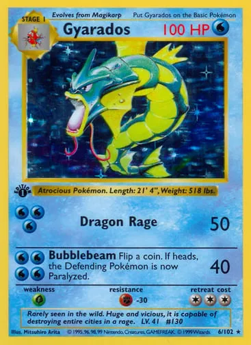 Gyarados Rare Holo card, number 6 of 102, from the 1999 Base Set
