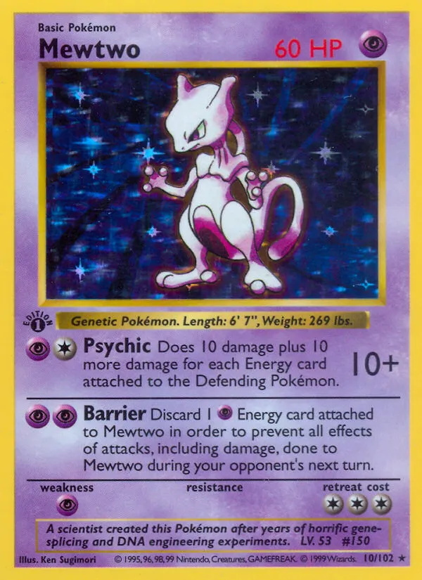 Mewtwo holo rare card number 10 from the 1999 Pokemon Base Set