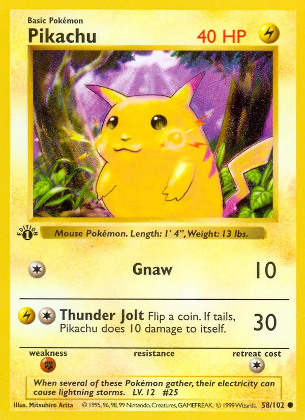 Pikachu card number 58 from the 1999 Pokemon Base Set