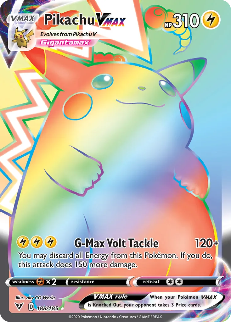 Pikachu VMAX Rainbow Rare, card 188/185 from the Vivid Voltage set