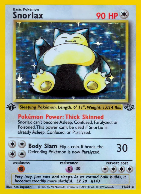 Snorlax holo rare card, number 11 of 64, from the 1999 Pokemon Jungle set