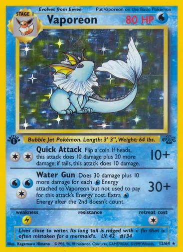 Vaporeon Rare Holo card, number 12 of 64, from the 1999 Jungle set
