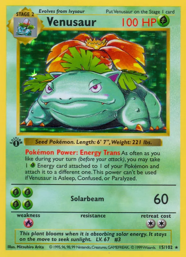 Venusaur holo rare, card 15 of 102, from the 1999 Pokemon Base Set