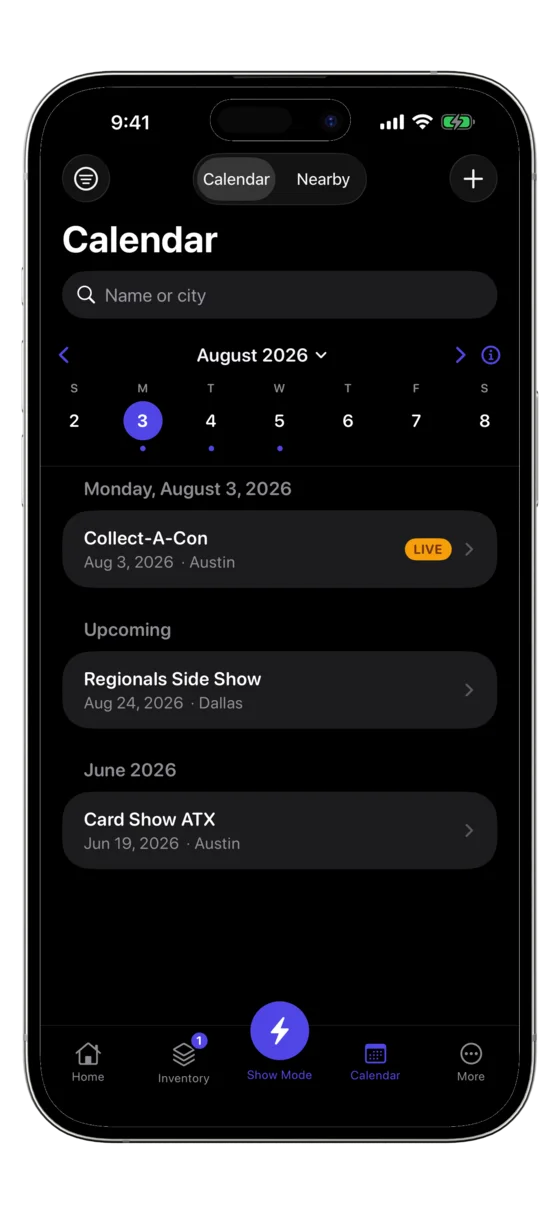 CardOps calendar of upcoming card shows.