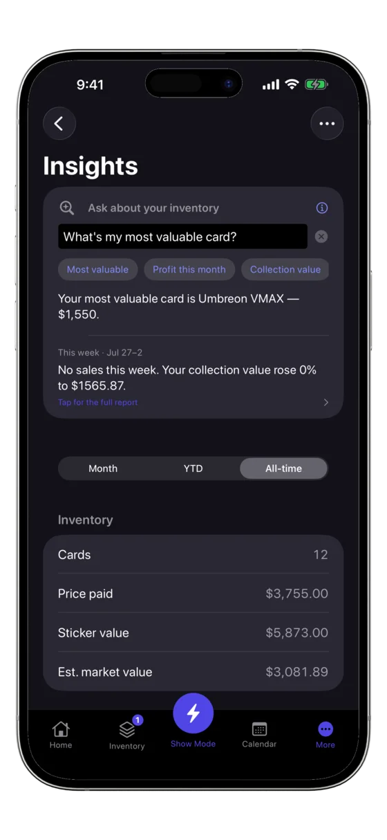 CardOps Ask Inventory: a natural-language question answered from your own inventory data.