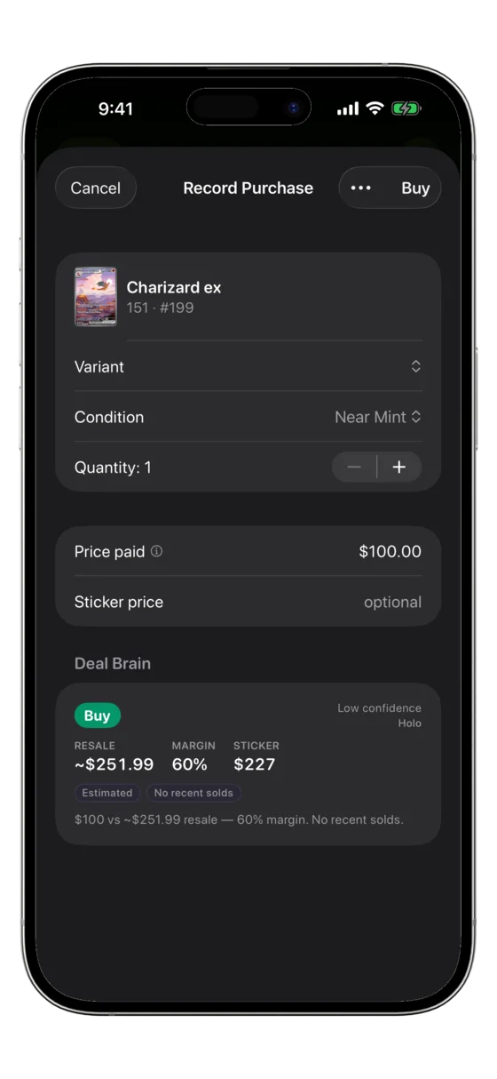 CardOps Deal Brain: a buy-or-pass verdict on a card purchase, with the margin and the reason.