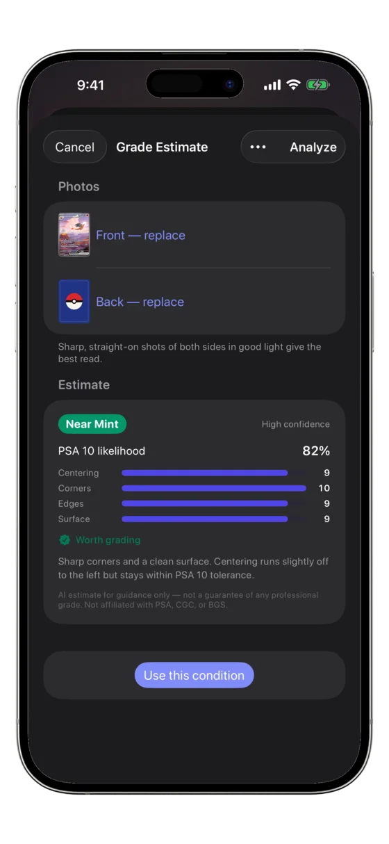 CardOps Grade Estimator: a camera-based condition and PSA-10-likelihood estimate for a card.
