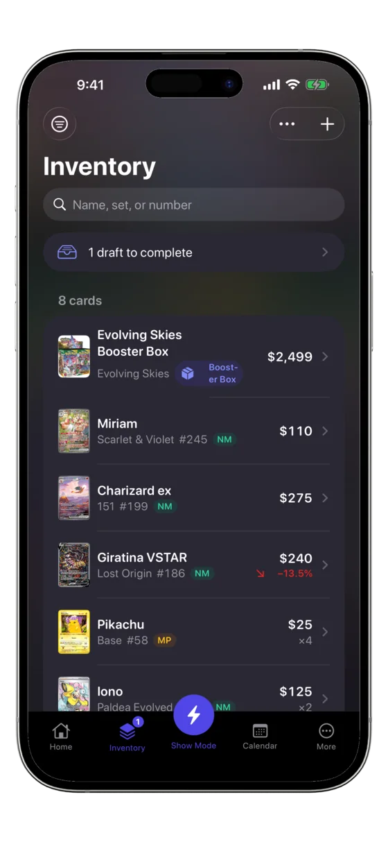 CardOps inventory list: every Pokémon card in stock with its live market price.