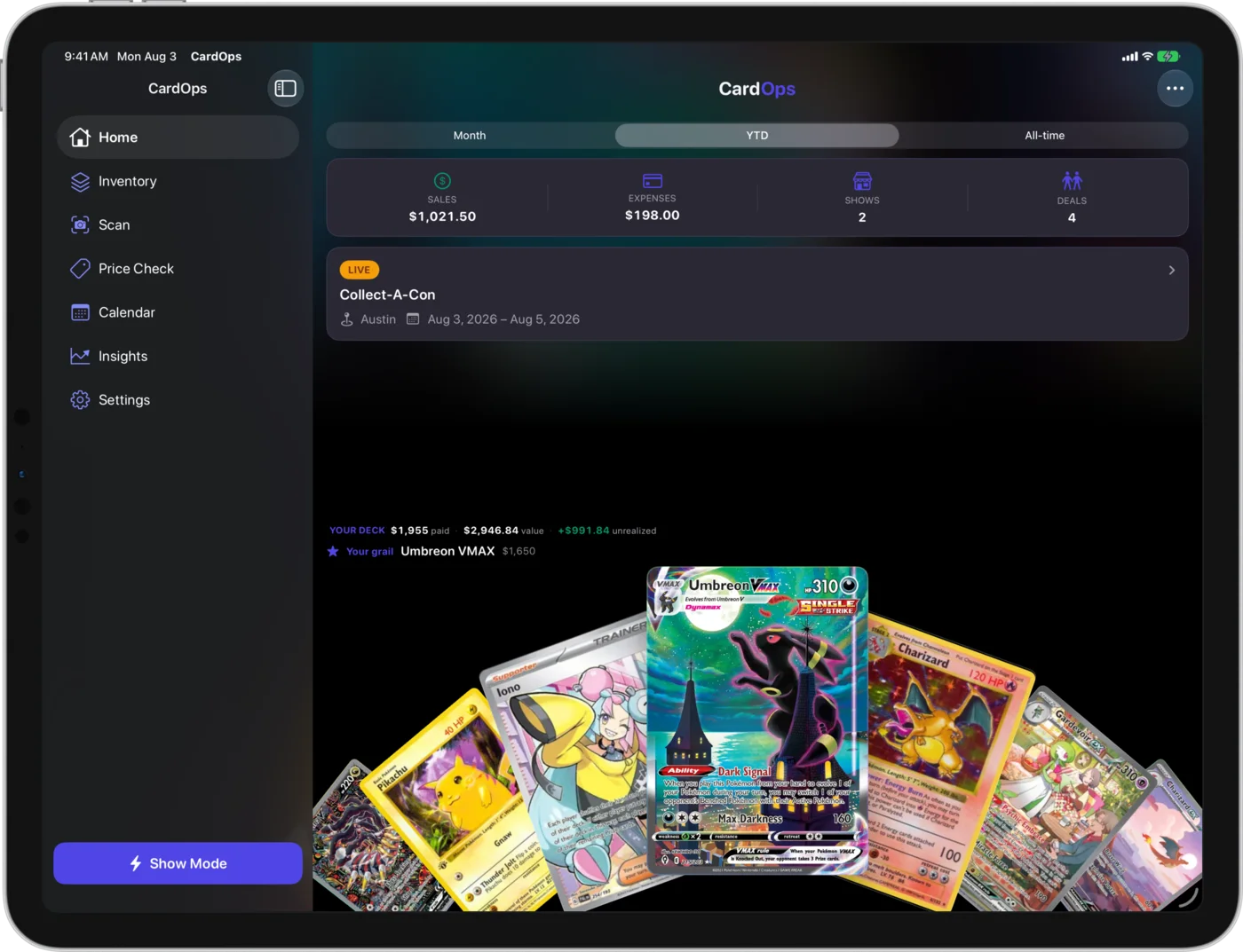 CardOps on iPad: the Home dashboard with year-to-date sales, expenses, shows, deals, and a live show, laid out on the big screen.