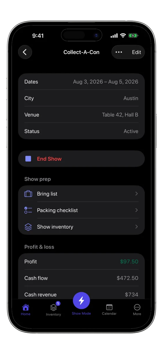 CardOps show detail with per-show profit and expenses.